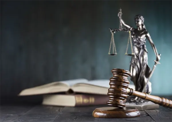 Lawyer working with contract papers and a gavel in a courtroom