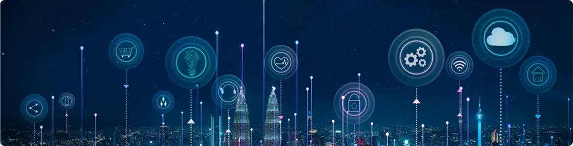 Smart city concept with IoT icons over a city at night